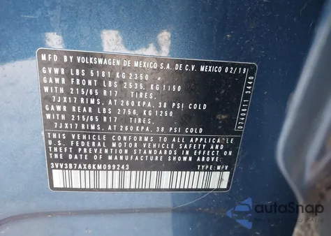 2019 Volkswagen Tiguan 2.0T Se/2.0T Sel/2.0T Sel R-Line/2.0T Sel R-Line Black z USA, uszkodzony, nr VIN 3VV3B7AX6KM099243